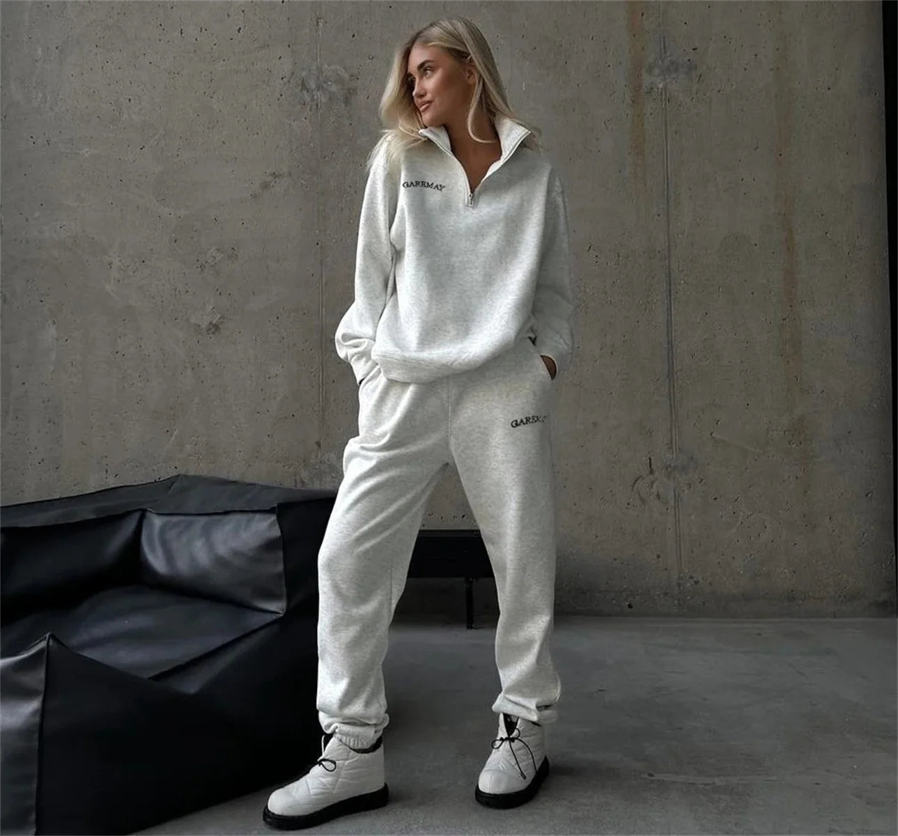 Autumn Women's Tracksuit with Zipper Cotton Oversize White Casual Two Piece Set Women Classic Sports Trouser Suits for Women
