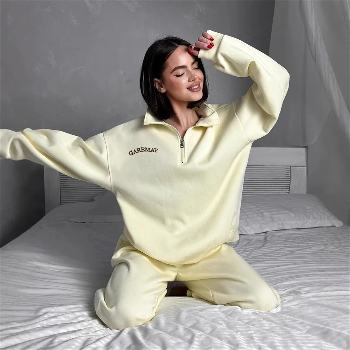 Autumn Women's Tracksuit with Zipper Cotton Oversize White Casual Two Piece Set Women Classic Sports Trouser Suits for Women