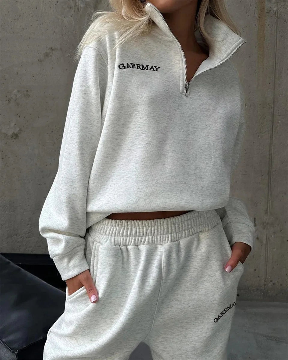 Autumn Women's Tracksuit with Zipper Cotton Oversize White Casual Two Piece Set Women Classic Sports Trouser Suits for Women