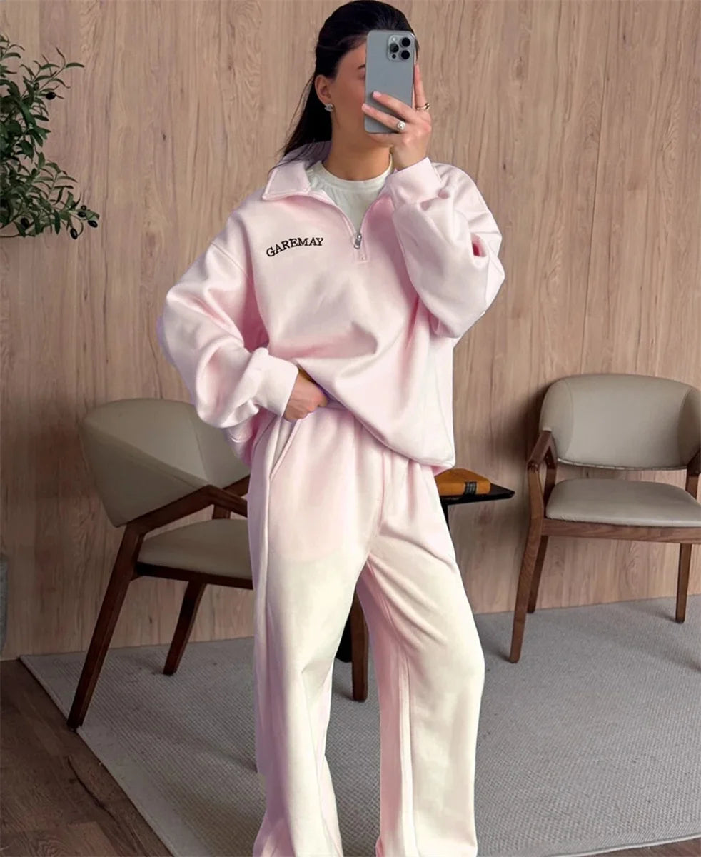 Autumn Women's Tracksuit with Zipper Cotton Oversize White Casual Two Piece Set Women Classic Sports Trouser Suits for Women