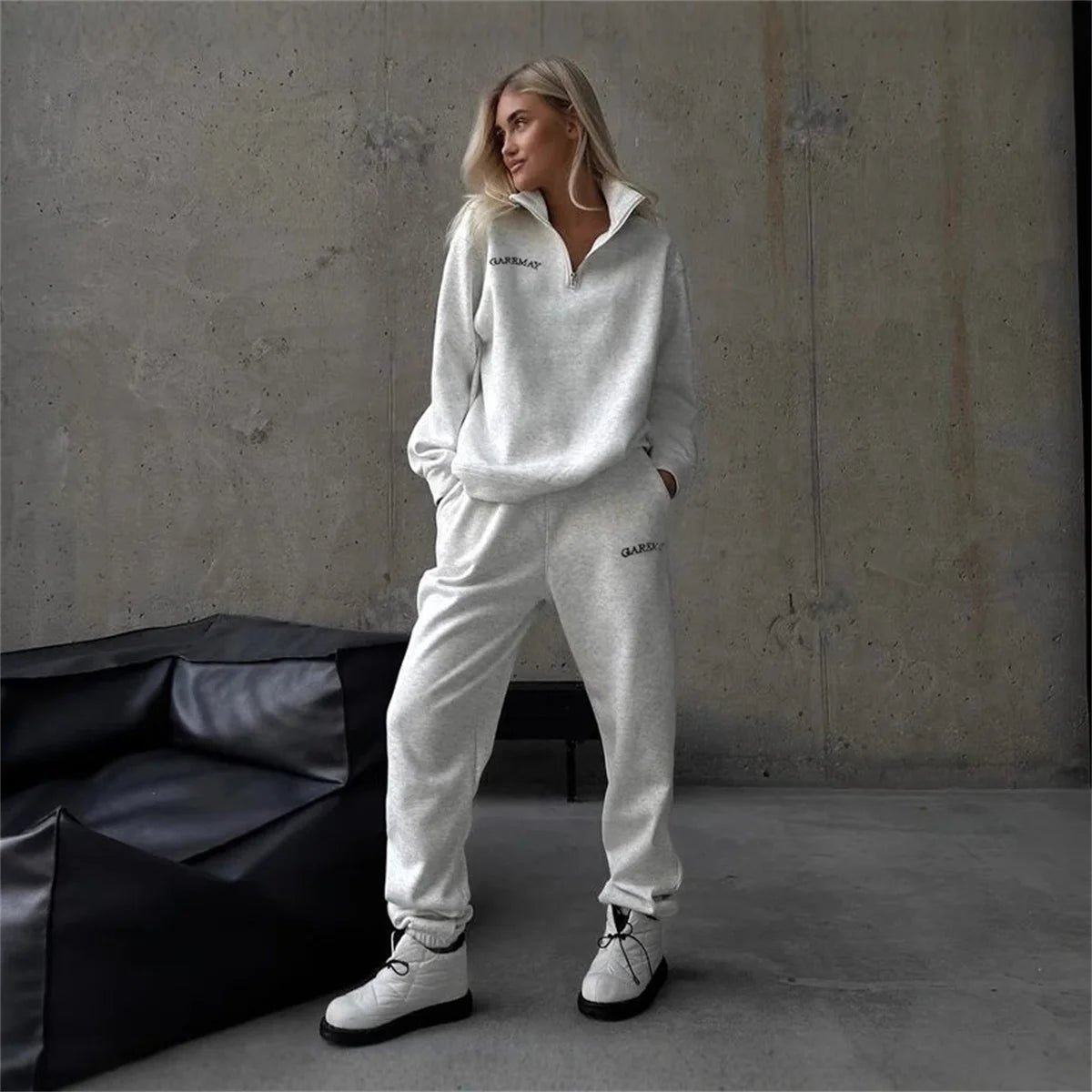 Autumn Women's Tracksuit with Zipper Cotton Oversize White Casual Two Piece Set Women Classic Sports Trouser Suits for Women