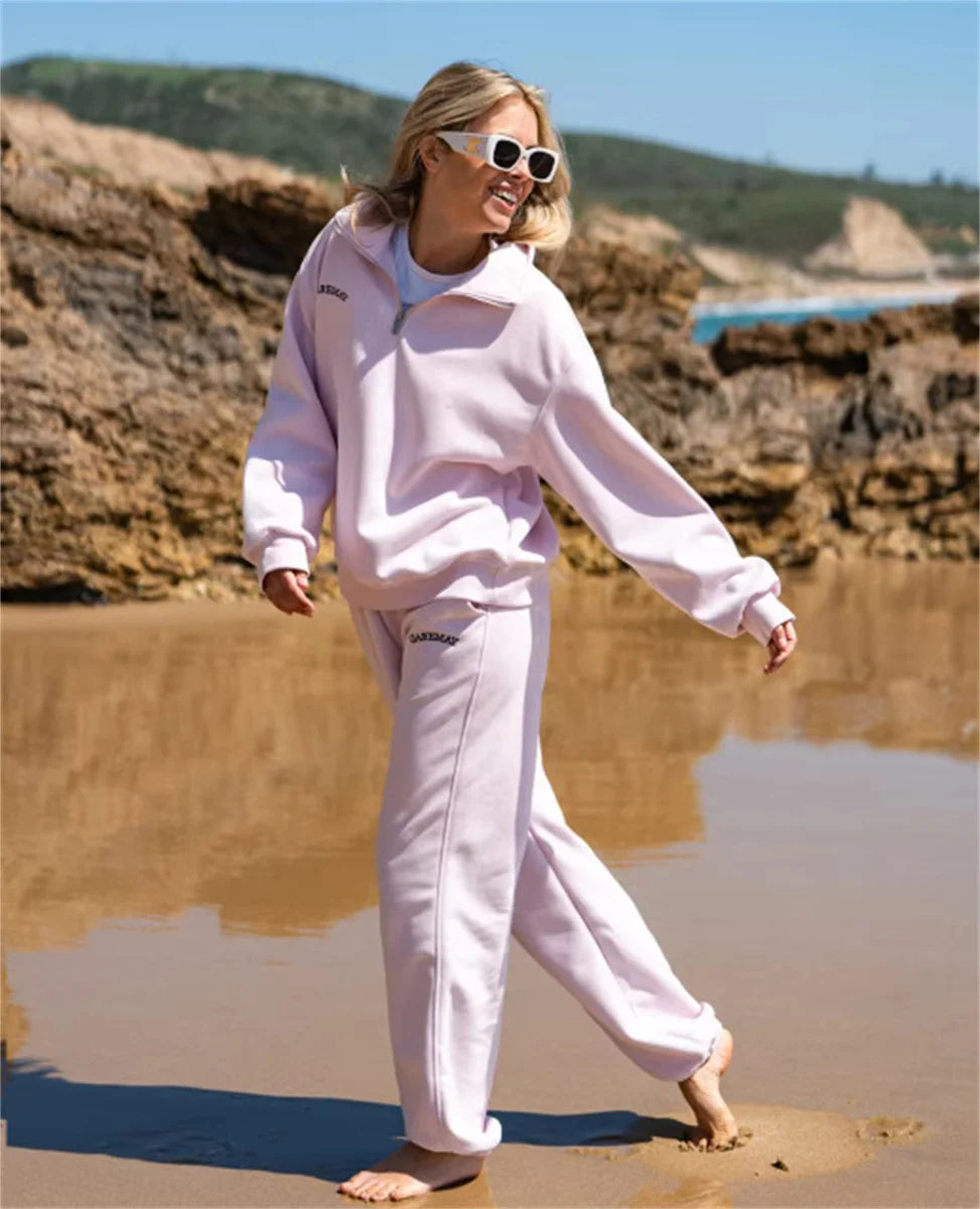 Autumn Women's Tracksuit with Zipper Cotton Oversize White Casual Two Piece Set Women Classic Sports Trouser Suits for Women