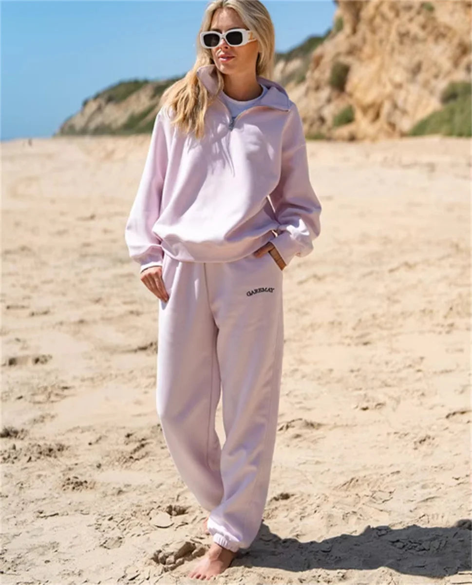 Autumn Women's Tracksuit with Zipper Cotton Oversize White Casual Two Piece Set Women Classic Sports Trouser Suits for Women