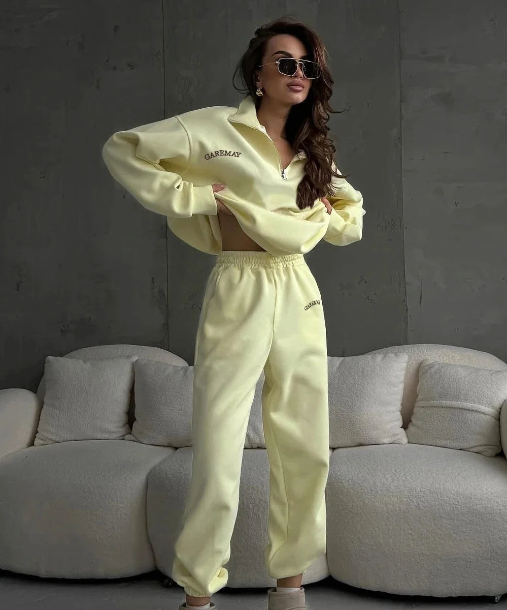Autumn Women's Tracksuit with Zipper Cotton Oversize White Casual Two Piece Set Women Classic Sports Trouser Suits for Women