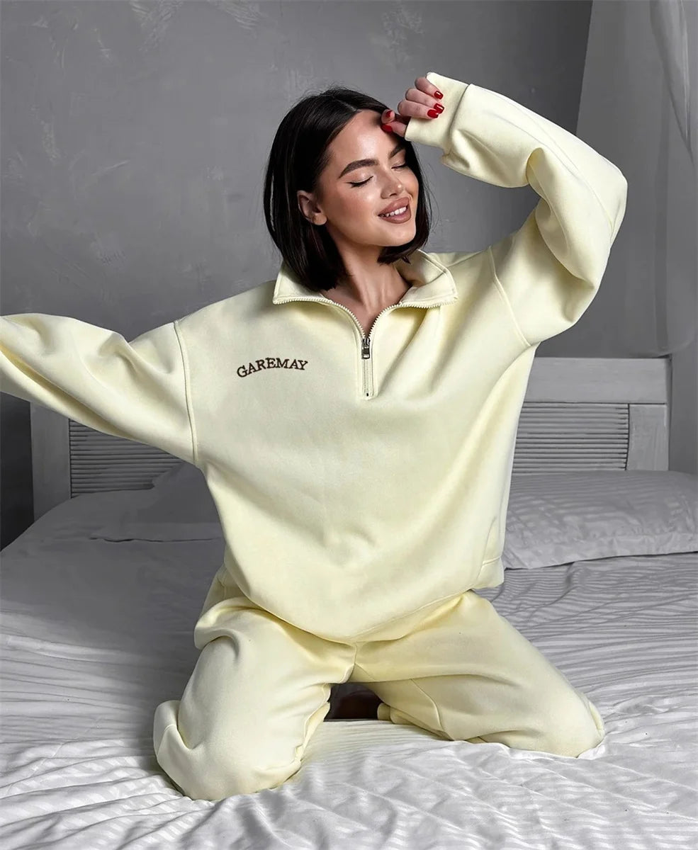 Autumn Women's Tracksuit with Zipper Cotton Oversize White Casual Two Piece Set Women Classic Sports Trouser Suits for Women