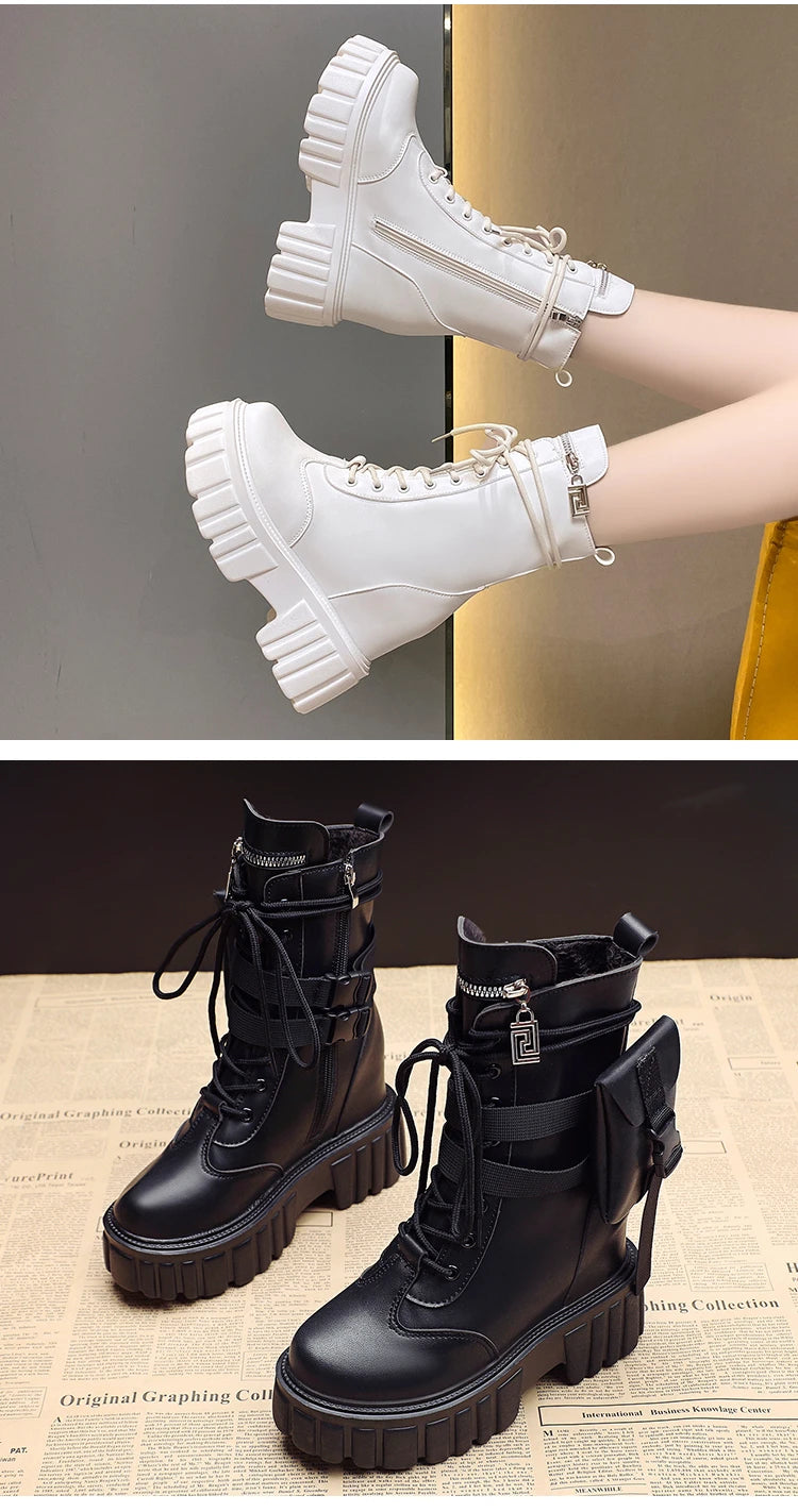 Winter Warm Ankle Boots for Women Leather Short Boots Round Toe High Platform Fur Motorcycle Boots Thick Heel Sneakers Shoe 10cm