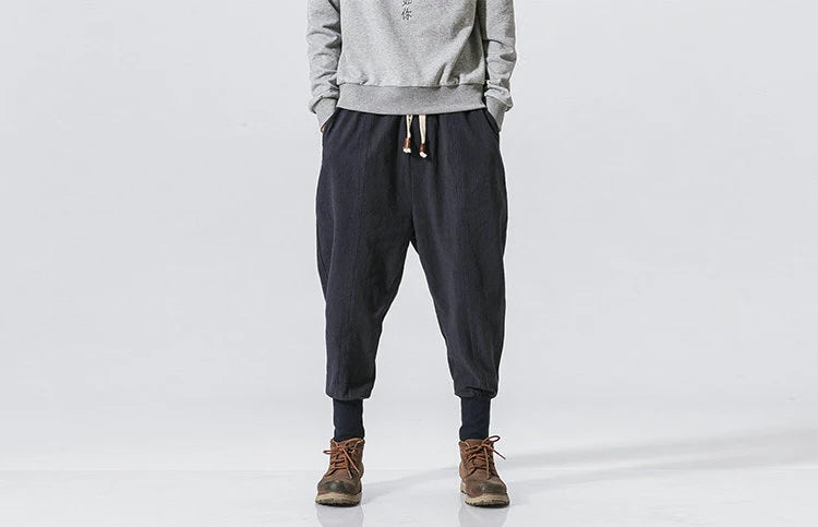 Cotton Linen Harem Pants Men Solid Elastic Waist Streetwear Joggers New Baggy Drop-crotch Pants Casual Trousers Men