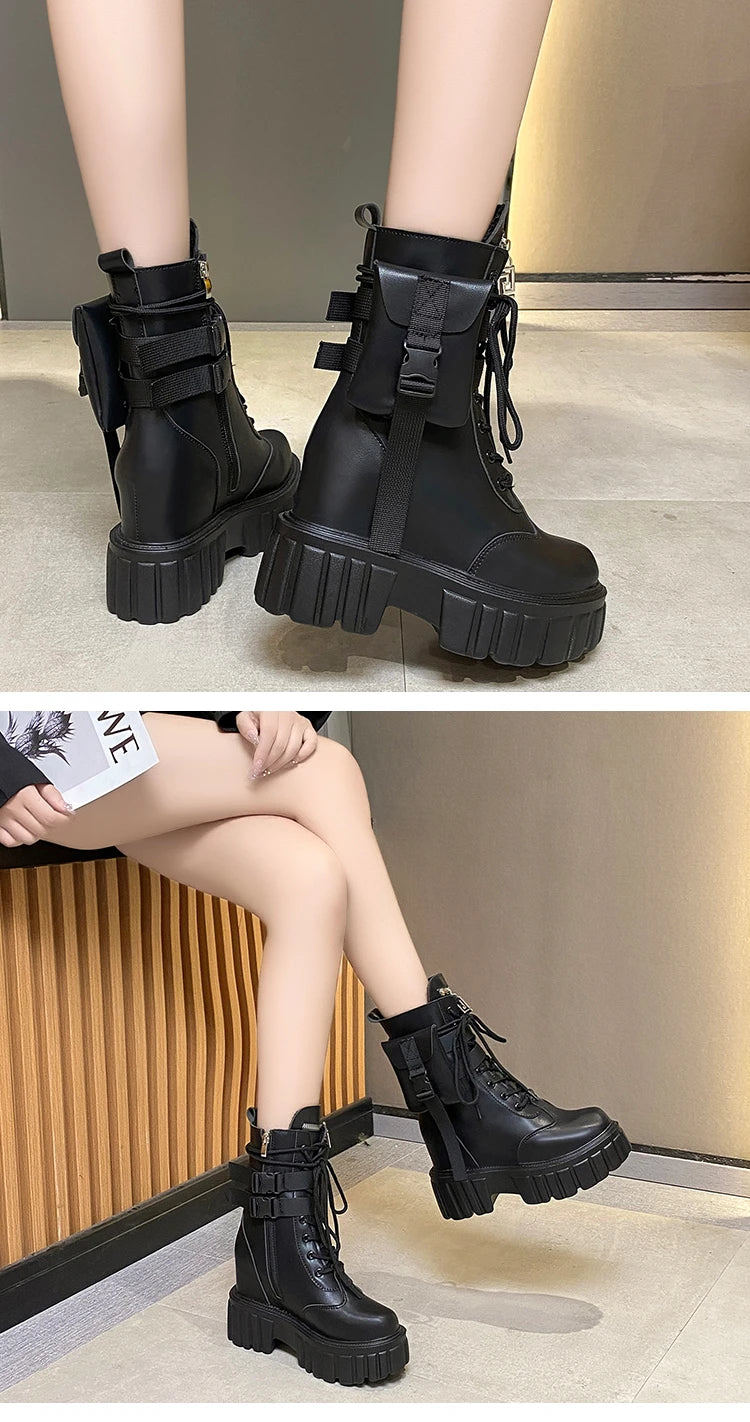 Winter Warm Ankle Boots for Women Leather Short Boots Round Toe High Platform Fur Motorcycle Boots Thick Heel Sneakers Shoe 10cm
