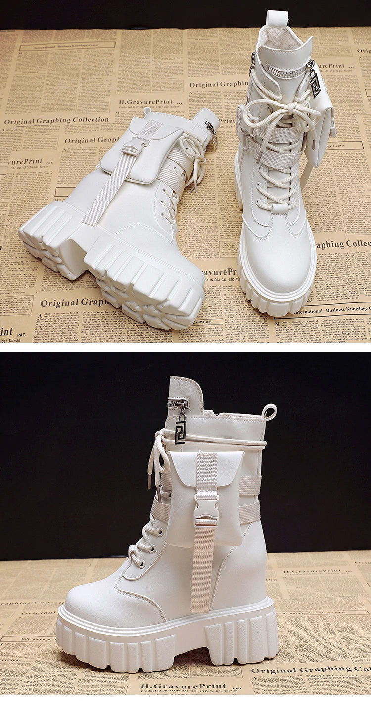Winter Warm Ankle Boots for Women Leather Short Boots Round Toe High Platform Fur Motorcycle Boots Thick Heel Sneakers Shoe 10cm