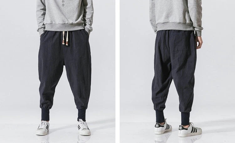 Cotton Linen Harem Pants Men Solid Elastic Waist Streetwear Joggers New Baggy Drop-crotch Pants Casual Trousers Men