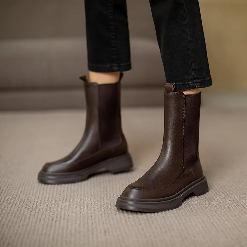 Hot Genuine Leather Women's Boots Retro British Style Slip-On Chelsea Boots Fashion Ankle Boots Round Toe Flat with Women Shoes