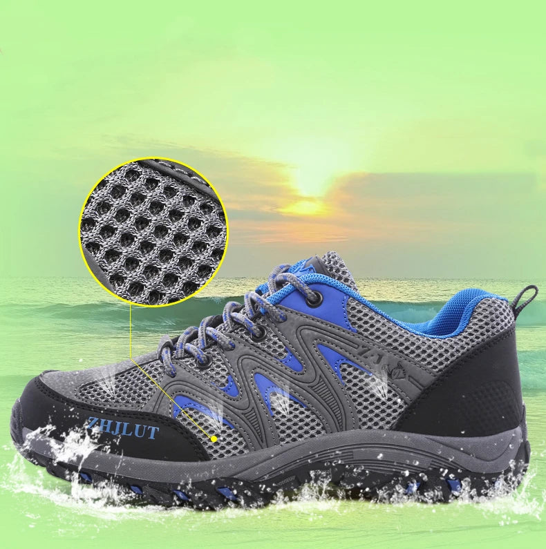 New Summer Men Casual Shoes Outdoor Mesh Sneakers Women Non-slip Lace Up Trekking Footwear Breathable Camping Spring Black Shoes