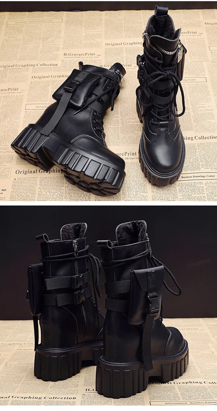 Winter Warm Ankle Boots for Women Leather Short Boots Round Toe High Platform Fur Motorcycle Boots Thick Heel Sneakers Shoe 10cm