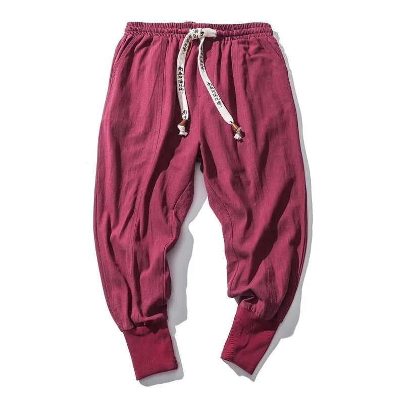 Cotton Linen Harem Pants Men Solid Elastic Waist Streetwear Joggers New Baggy Drop-crotch Pants Casual Trousers Men