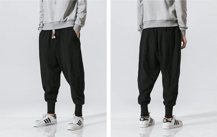Cotton Linen Harem Pants Men Solid Elastic Waist Streetwear Joggers New Baggy Drop-crotch Pants Casual Trousers Men