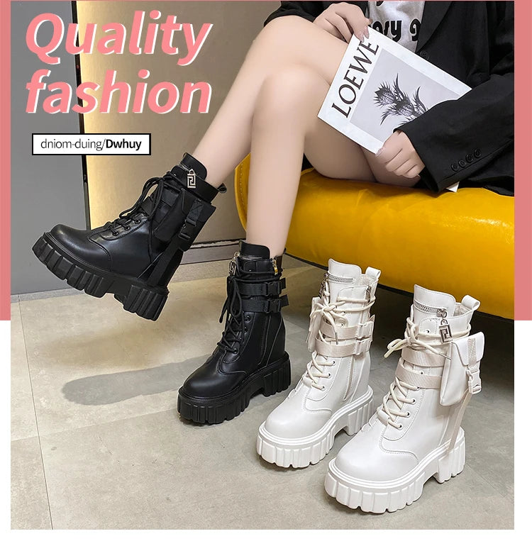 Winter Warm Ankle Boots for Women Leather Short Boots Round Toe High Platform Fur Motorcycle Boots Thick Heel Sneakers Shoe 10cm