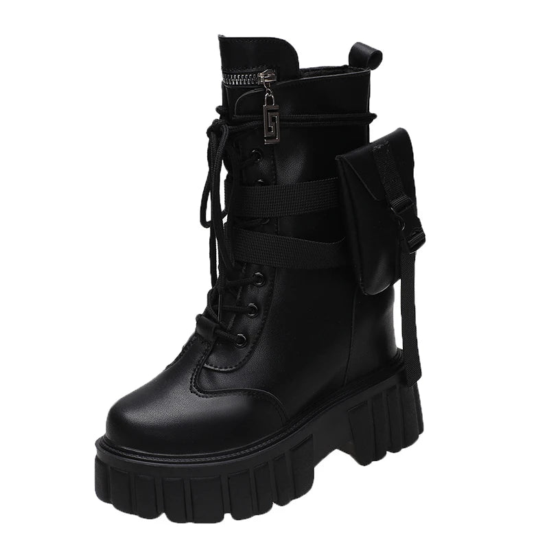 Winter Warm Ankle Boots for Women Leather Short Boots Round Toe High Platform Fur Motorcycle Boots Thick Heel Sneakers Shoe 10cm