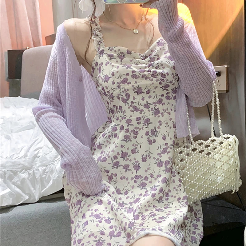 Dresses Woman Summer 2022 Party Sleeveless Y2k Sling Sexy Casual Aesthetic Floral Print Midi High Waist Harajuku Female Clothing