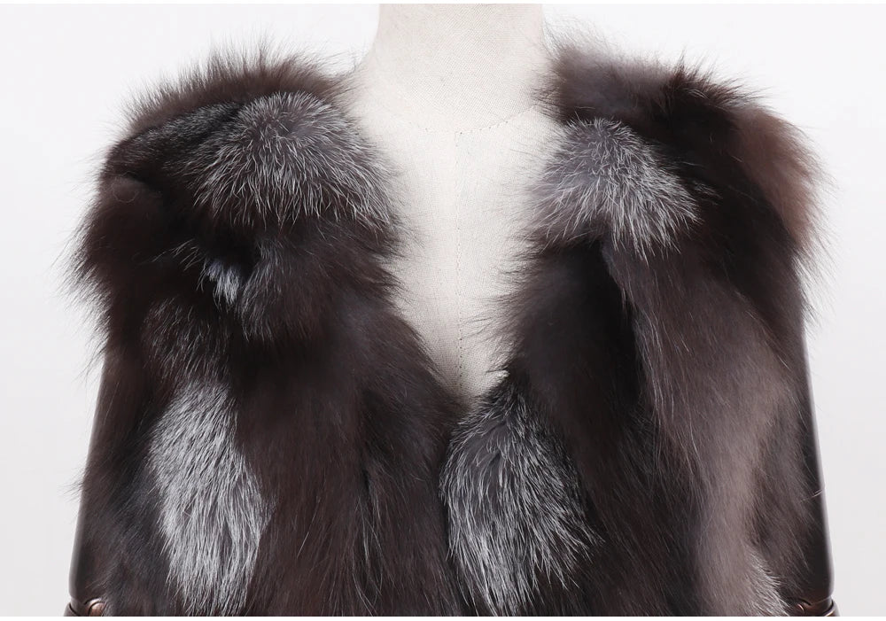 New Women Autumn Winter Long Style 100% Genuine Real Sliver Fox Fur Vest Natural Fox Fur Sleeveless Coat Lady Real Fox Fur Gilet