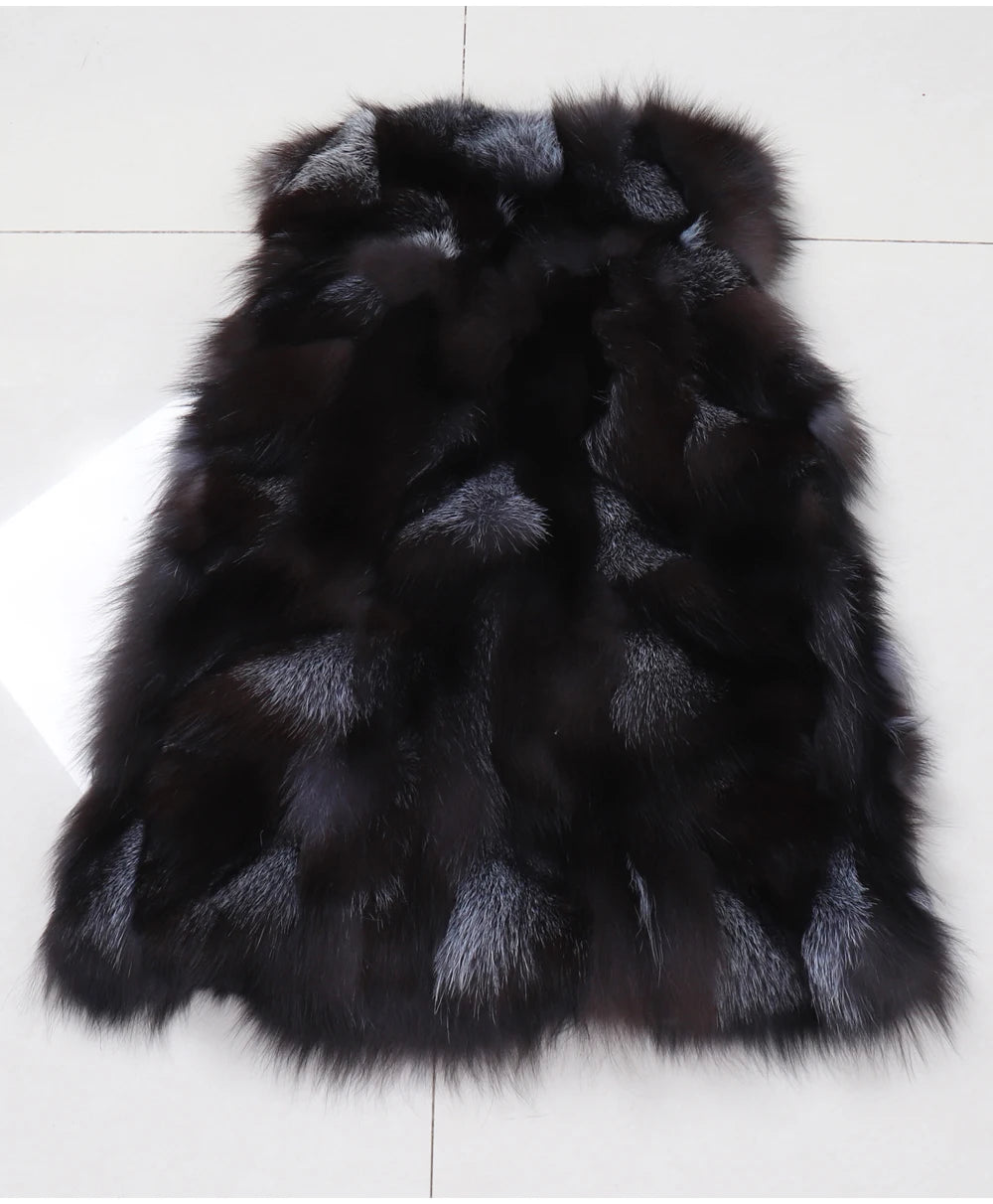 New Women Autumn Winter Long Style 100% Genuine Real Sliver Fox Fur Vest Natural Fox Fur Sleeveless Coat Lady Real Fox Fur Gilet