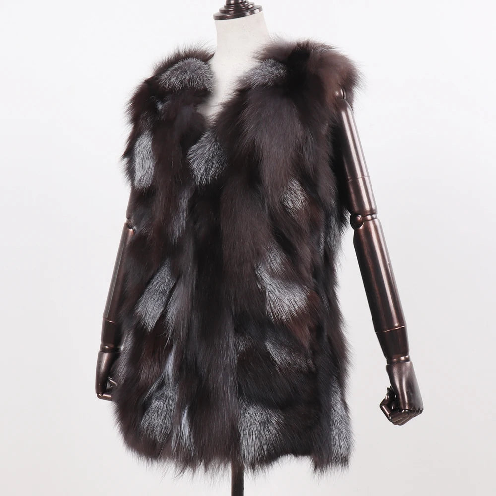 New Women Autumn Winter Long Style 100% Genuine Real Sliver Fox Fur Vest Natural Fox Fur Sleeveless Coat Lady Real Fox Fur Gilet