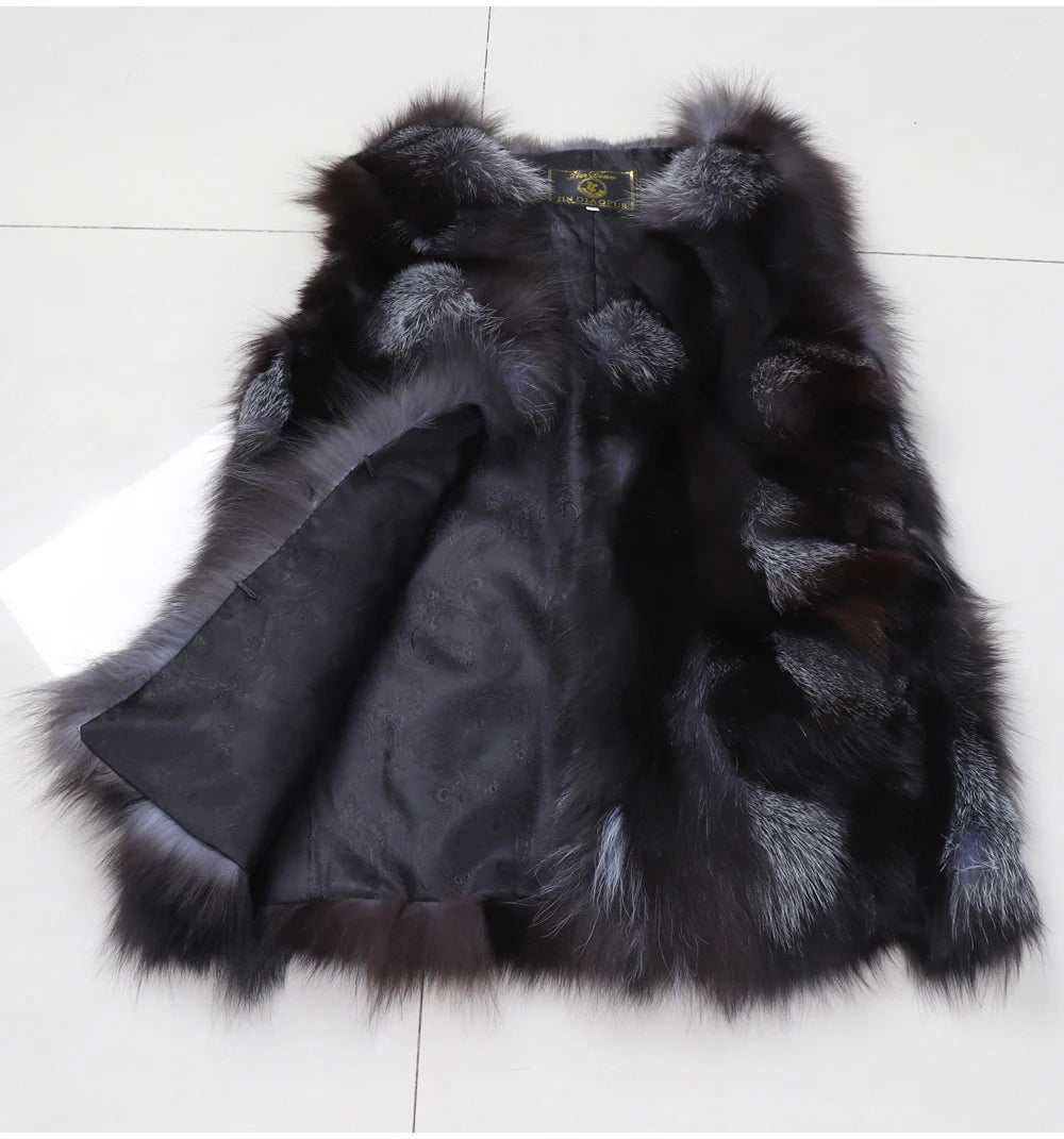New Women Autumn Winter Long Style 100% Genuine Real Sliver Fox Fur Vest Natural Fox Fur Sleeveless Coat Lady Real Fox Fur Gilet