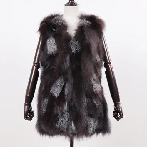 New Women Autumn Winter Long Style 100% Genuine Real Sliver Fox Fur Vest Natural Fox Fur Sleeveless Coat Lady Real Fox Fur Gilet