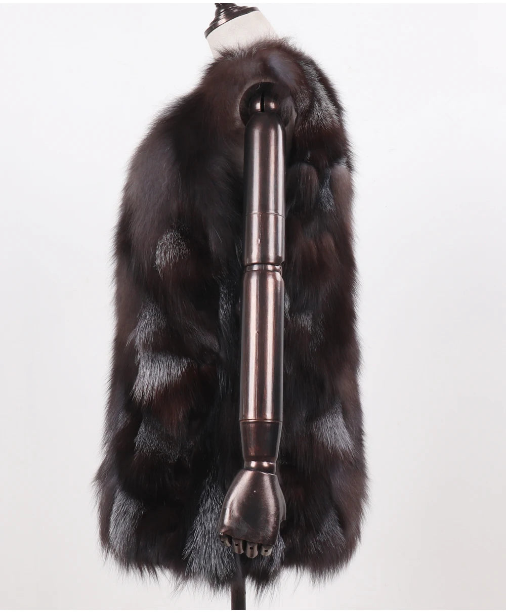 New Women Autumn Winter Long Style 100% Genuine Real Sliver Fox Fur Vest Natural Fox Fur Sleeveless Coat Lady Real Fox Fur Gilet