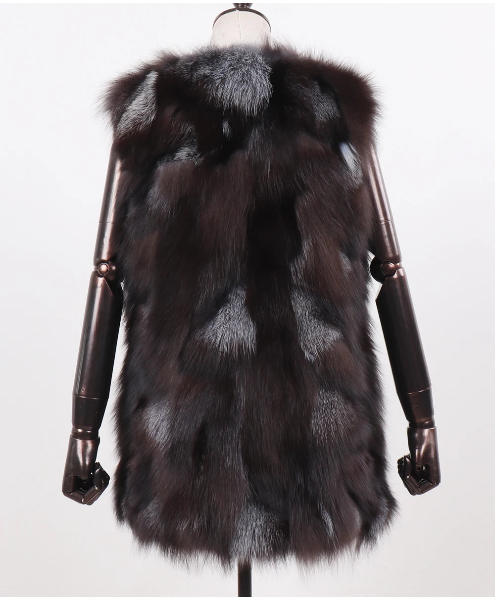 New Women Autumn Winter Long Style 100% Genuine Real Sliver Fox Fur Vest Natural Fox Fur Sleeveless Coat Lady Real Fox Fur Gilet