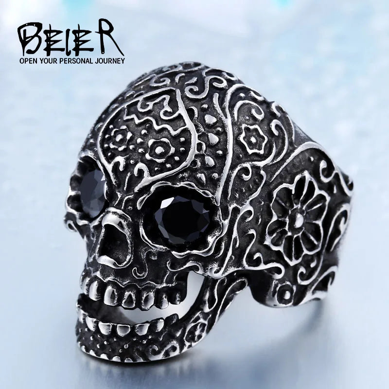 BEIER Wholesale Classic Garden Flower Skull Ring For Man Stainless Steel Man's Punk Style Jewelry BR8-071 US Size Halloween Gift