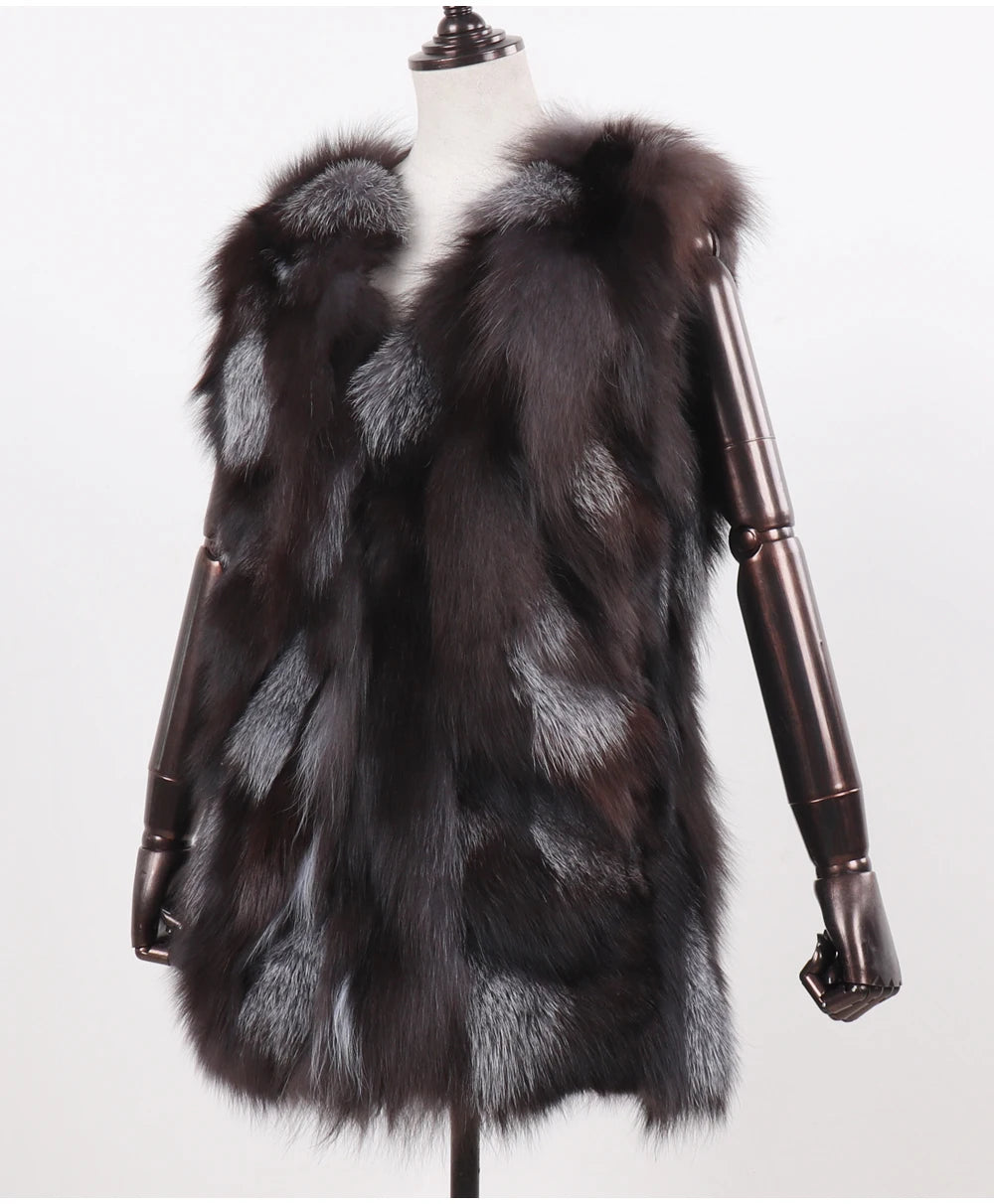 New Women Autumn Winter Long Style 100% Genuine Real Sliver Fox Fur Vest Natural Fox Fur Sleeveless Coat Lady Real Fox Fur Gilet