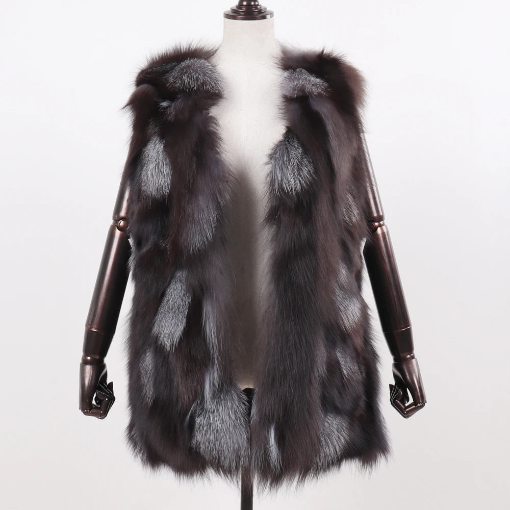 New Women Autumn Winter Long Style 100% Genuine Real Sliver Fox Fur Vest Natural Fox Fur Sleeveless Coat Lady Real Fox Fur Gilet