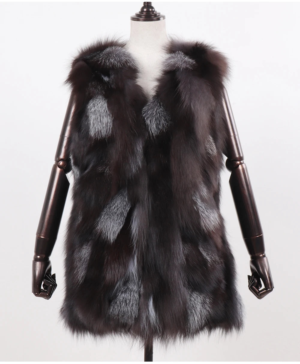 New Women Autumn Winter Long Style 100% Genuine Real Sliver Fox Fur Vest Natural Fox Fur Sleeveless Coat Lady Real Fox Fur Gilet