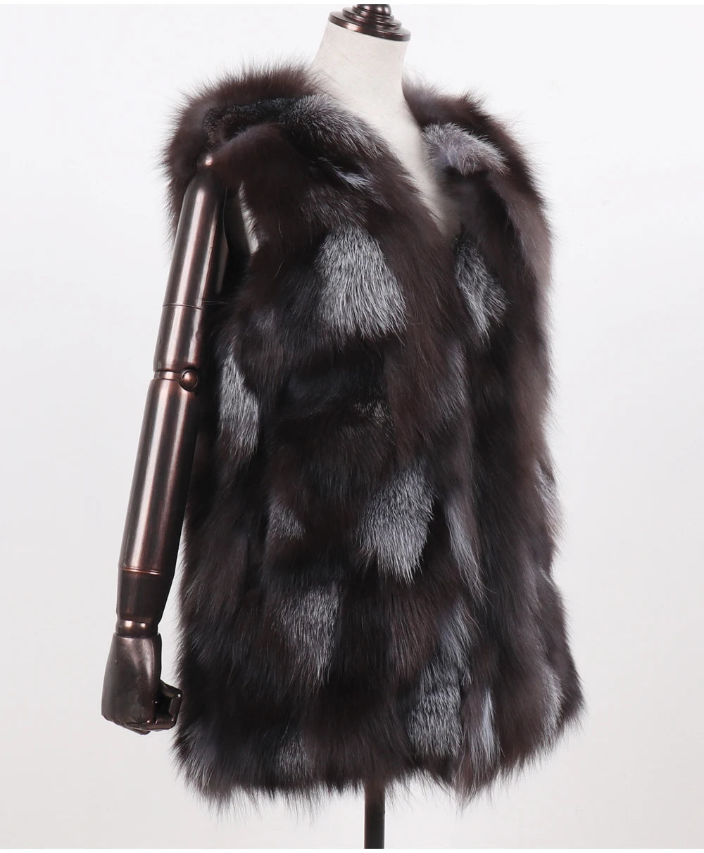 New Women Autumn Winter Long Style 100% Genuine Real Sliver Fox Fur Vest Natural Fox Fur Sleeveless Coat Lady Real Fox Fur Gilet