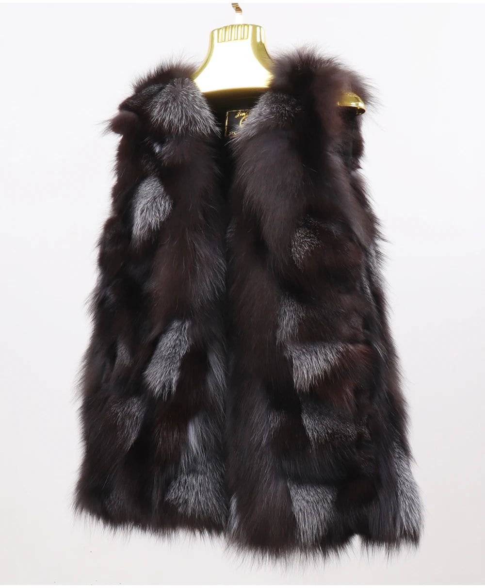 New Women Autumn Winter Long Style 100% Genuine Real Sliver Fox Fur Vest Natural Fox Fur Sleeveless Coat Lady Real Fox Fur Gilet