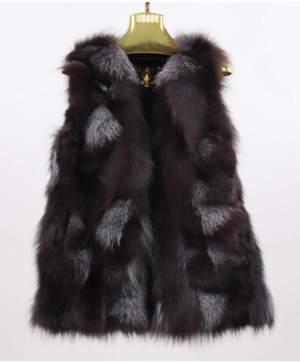 New Women Autumn Winter Long Style 100% Genuine Real Sliver Fox Fur Vest Natural Fox Fur Sleeveless Coat Lady Real Fox Fur Gilet