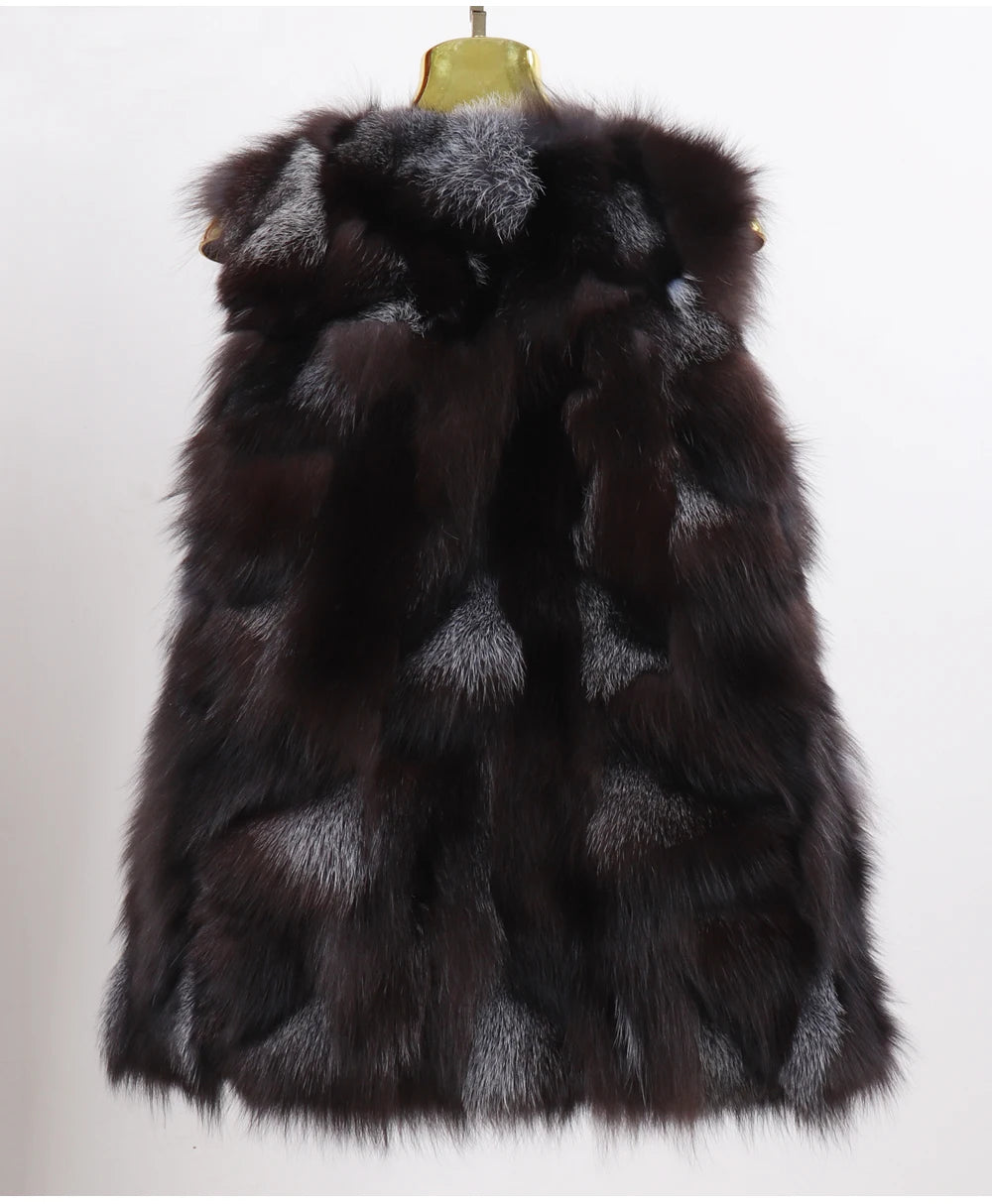 New Women Autumn Winter Long Style 100% Genuine Real Sliver Fox Fur Vest Natural Fox Fur Sleeveless Coat Lady Real Fox Fur Gilet