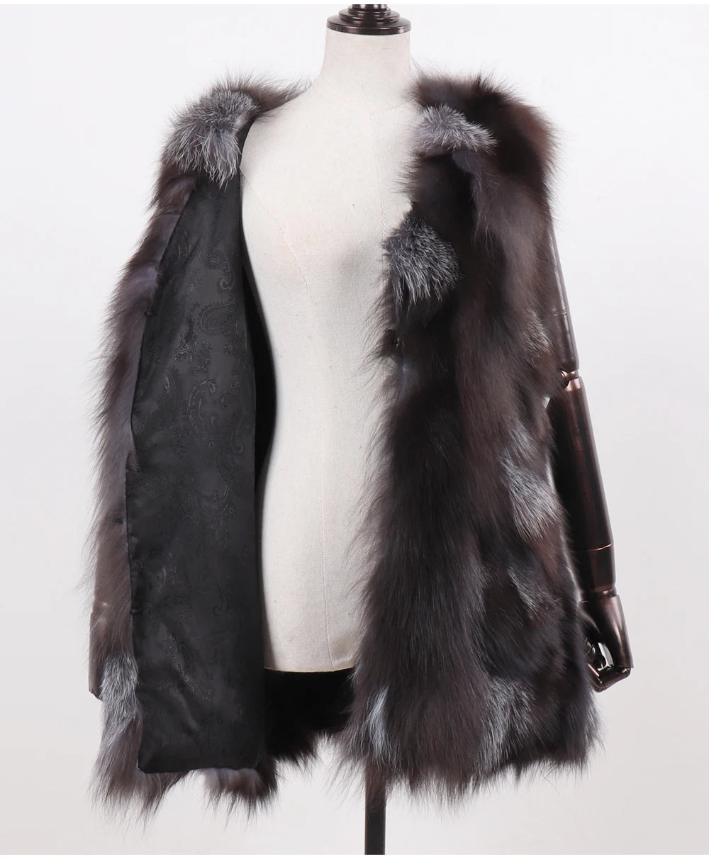 New Women Autumn Winter Long Style 100% Genuine Real Sliver Fox Fur Vest Natural Fox Fur Sleeveless Coat Lady Real Fox Fur Gilet