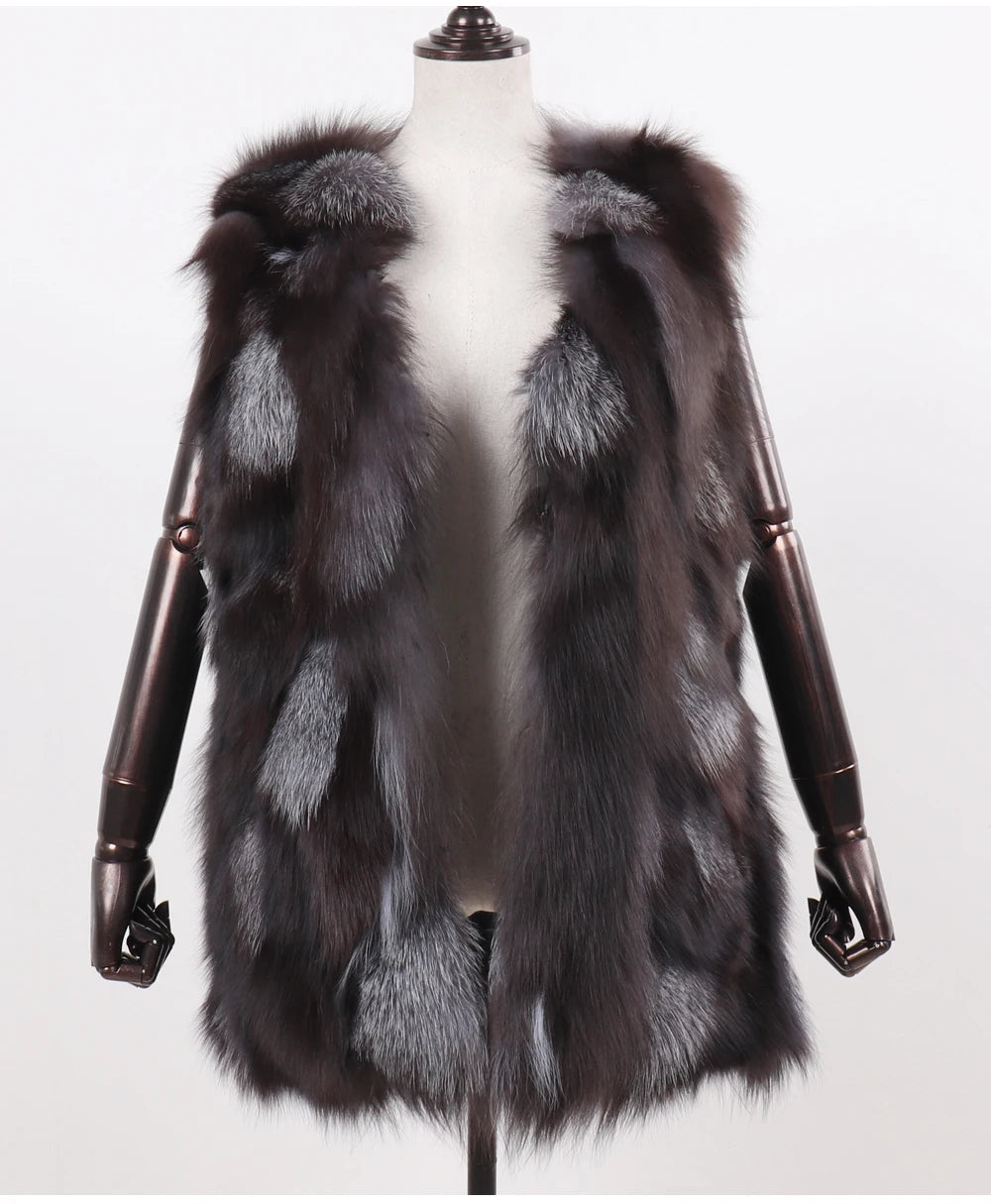 New Women Autumn Winter Long Style 100% Genuine Real Sliver Fox Fur Vest Natural Fox Fur Sleeveless Coat Lady Real Fox Fur Gilet