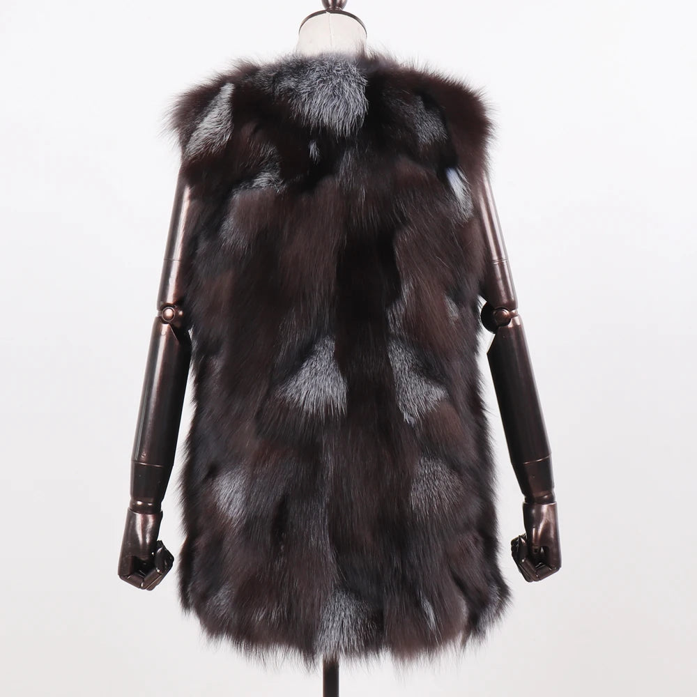 New Women Autumn Winter Long Style 100% Genuine Real Sliver Fox Fur Vest Natural Fox Fur Sleeveless Coat Lady Real Fox Fur Gilet