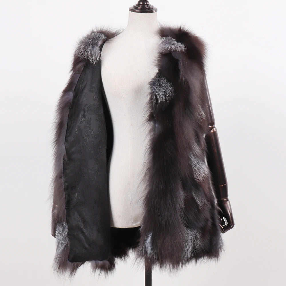 New Women Autumn Winter Long Style 100% Genuine Real Sliver Fox Fur Vest Natural Fox Fur Sleeveless Coat Lady Real Fox Fur Gilet