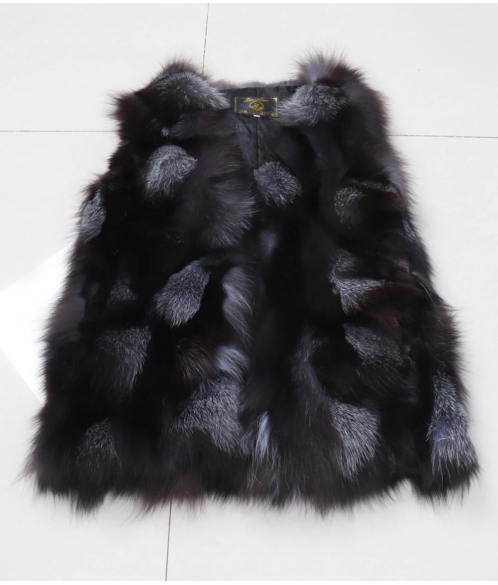 New Women Autumn Winter Long Style 100% Genuine Real Sliver Fox Fur Vest Natural Fox Fur Sleeveless Coat Lady Real Fox Fur Gilet