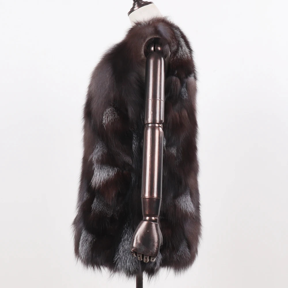 New Women Autumn Winter Long Style 100% Genuine Real Sliver Fox Fur Vest Natural Fox Fur Sleeveless Coat Lady Real Fox Fur Gilet