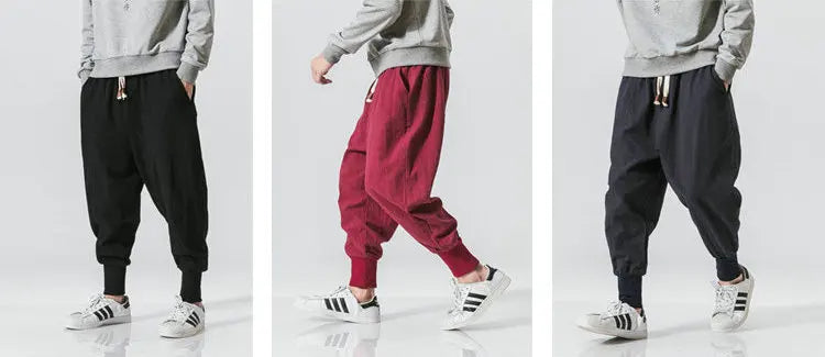 Cotton Linen Harem Pants Men Solid Elastic Waist Streetwear Joggers New Baggy Drop-crotch Pants Casual Trousers Men