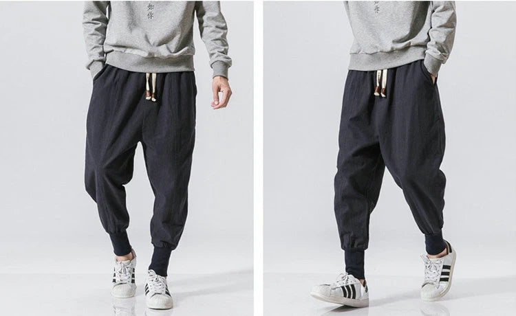 Cotton Linen Harem Pants Men Solid Elastic Waist Streetwear Joggers New Baggy Drop-crotch Pants Casual Trousers Men