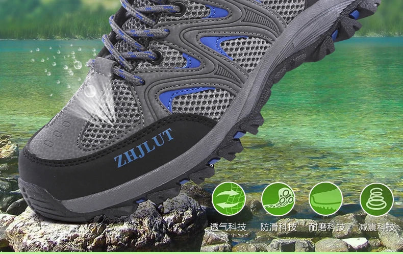 New Summer Men Casual Shoes Outdoor Mesh Sneakers Women Non-slip Lace Up Trekking Footwear Breathable Camping Spring Black Shoes