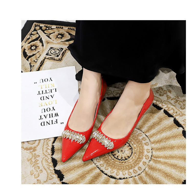 BIGTREE Shoes 4.5 cm Rhinestone metal decoration Kitten high heels patent leather Women Pumps stilettos Lady Shoes Plus Size 43