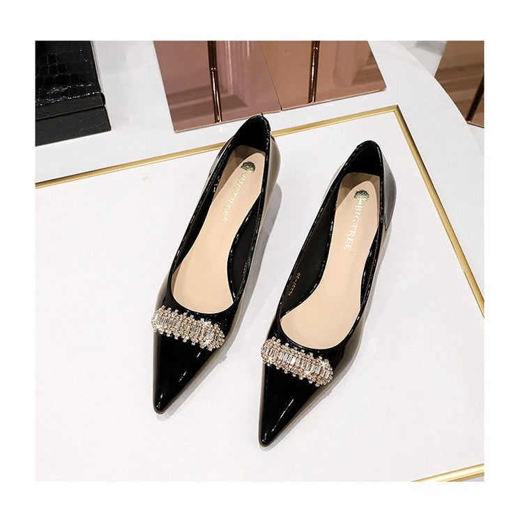 BIGTREE Shoes 4.5 cm Rhinestone metal decoration Kitten high heels patent leather Women Pumps stilettos Lady Shoes Plus Size 43