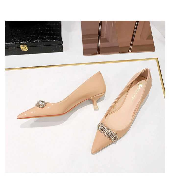 BIGTREE Shoes 4.5 cm Rhinestone metal decoration Kitten high heels patent leather Women Pumps stilettos Lady Shoes Plus Size 43