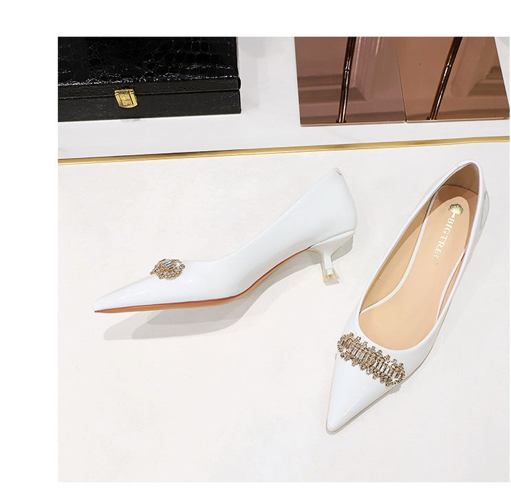 BIGTREE Shoes 4.5 cm Rhinestone metal decoration Kitten high heels patent leather Women Pumps stilettos Lady Shoes Plus Size 43